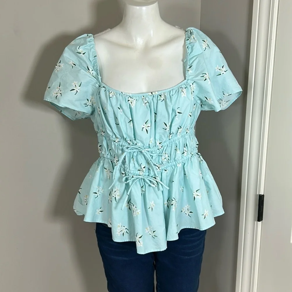 Kate Spade Whimsy Floral Puff sleeve Top Aqua White Flowers Shirt Ties Sz XL